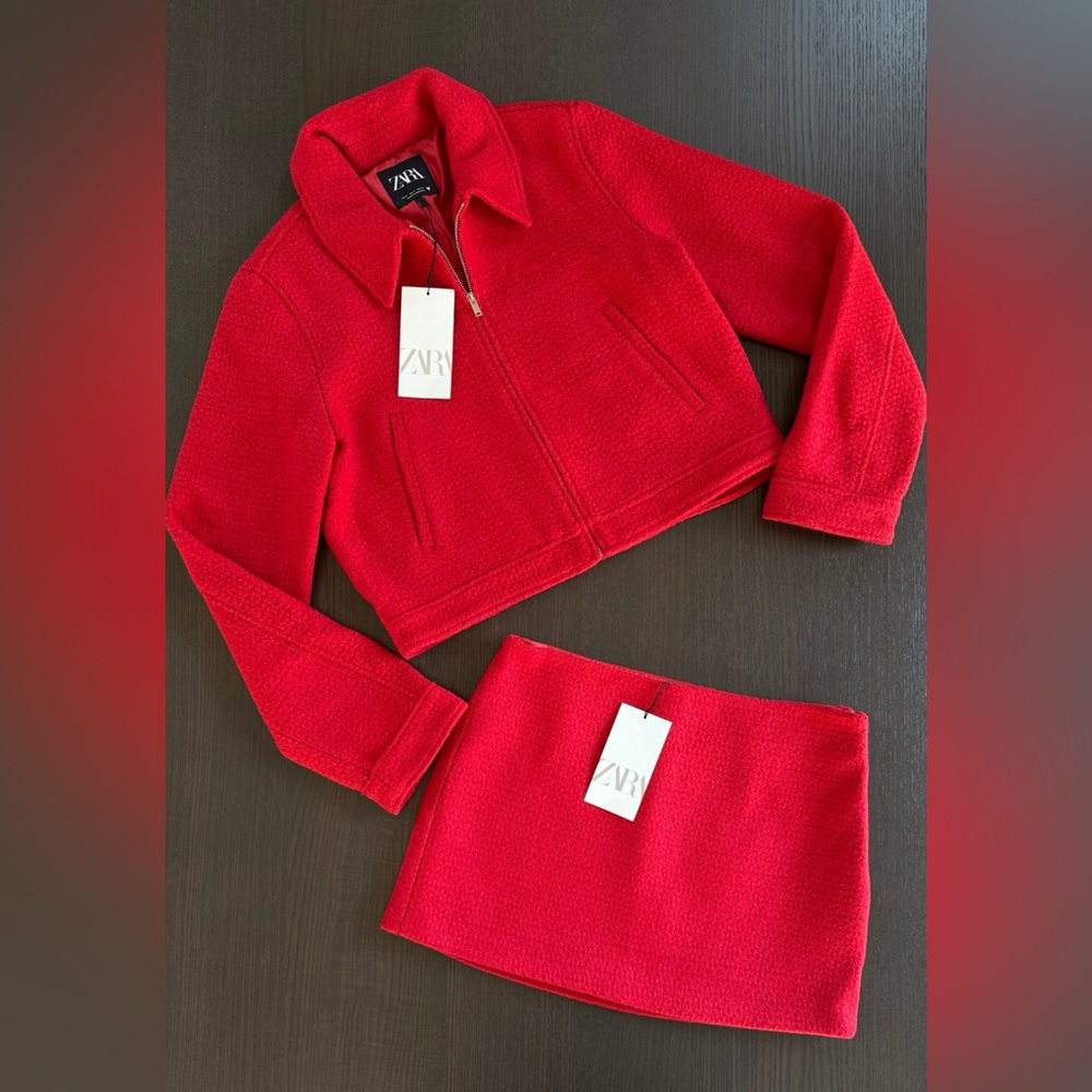 Zara Vibrant Red Jacket and Skirt Ensemble - Picture 9 of 12